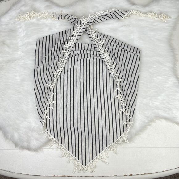 ⚓️ NWOT Oatmeal Black Striped Triangle Bandanna Scarf Lace Fringe Forever 21 OS - Picture 8 of 16
